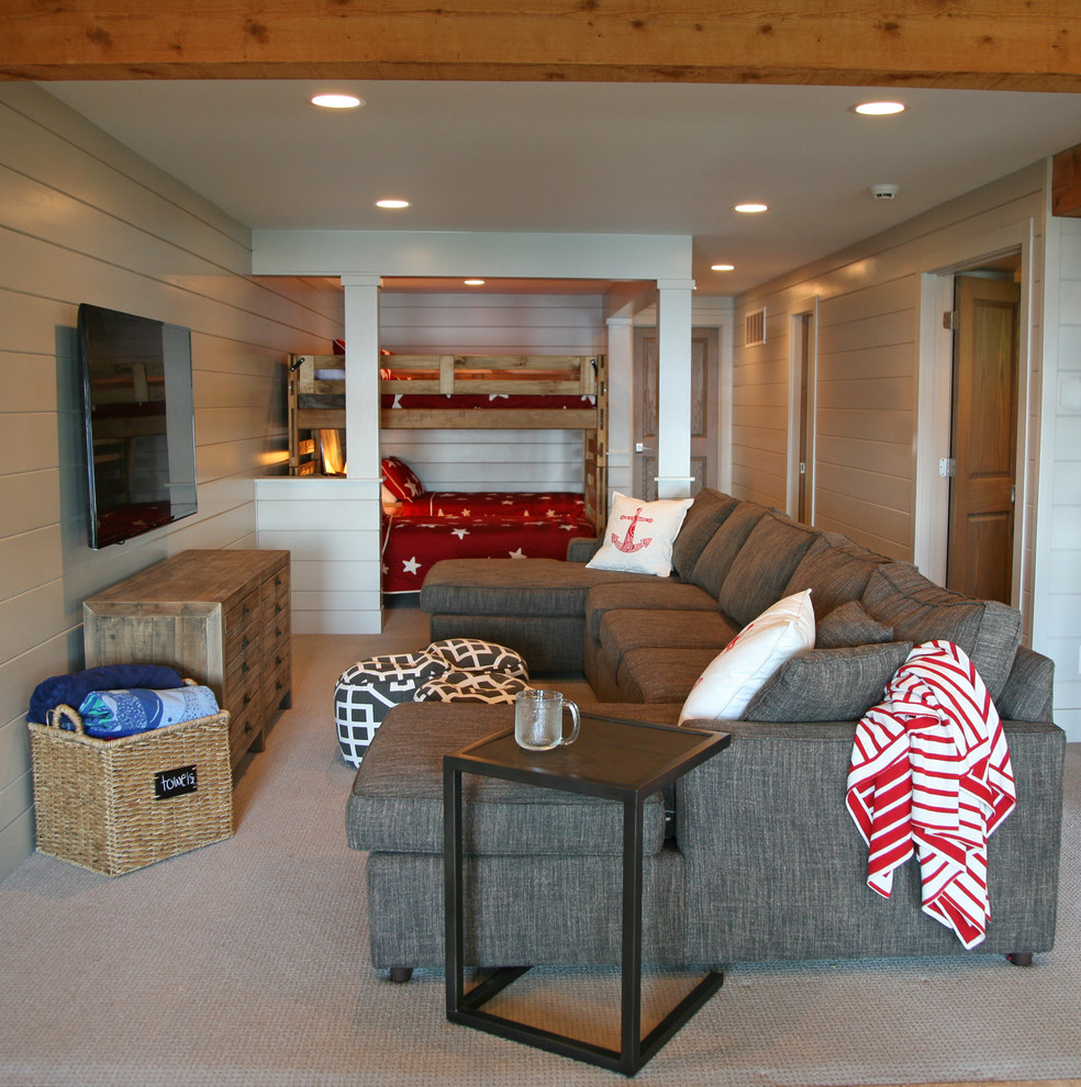 Inspiration for a mid-sized rustic carpeted basement remodel in Milwaukee
