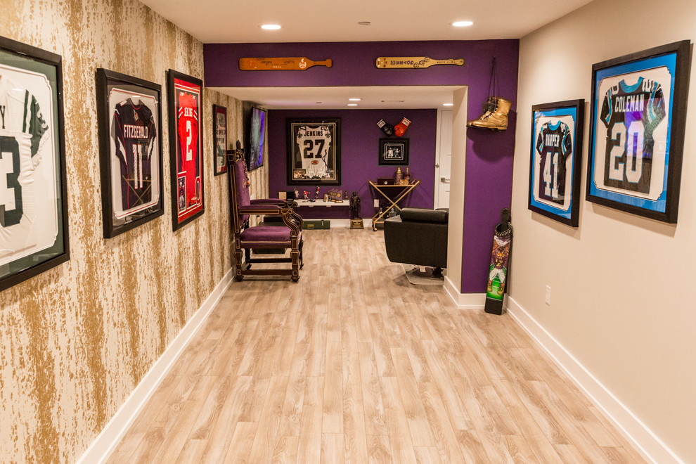 Basement - huge modern walk-out light wood floor and beige floor basement idea in Philadelphia with purple walls