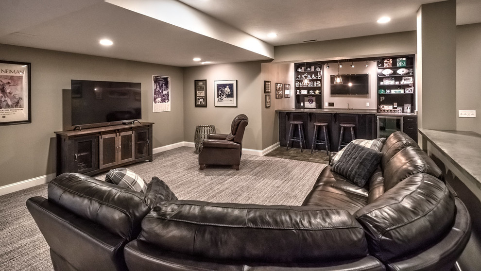 Large arts and crafts walk-out ceramic tile and gray floor basement photo in Other with gray walls