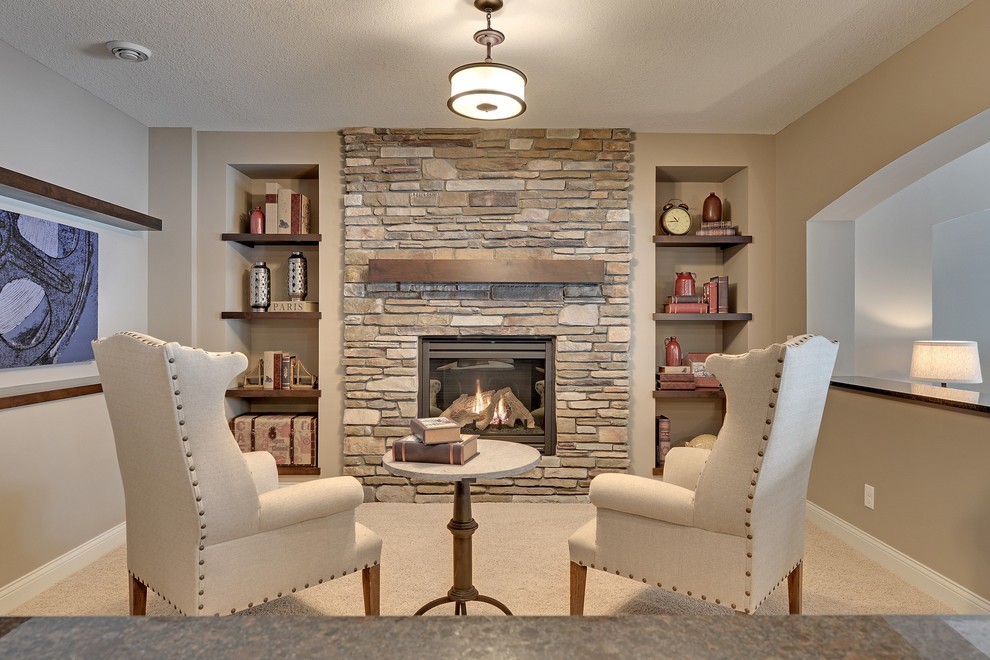 Large transitional carpeted basement photo in Minneapolis with beige walls, a standard fireplace and a stone fireplace