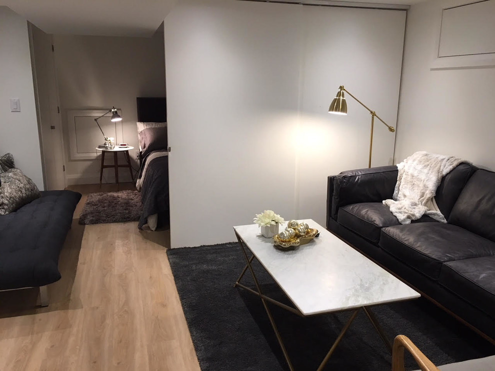 Kleines Modernes Untergeschoss mit weißer Wandfarbe, hellem Holzboden und braunem Boden in Toronto