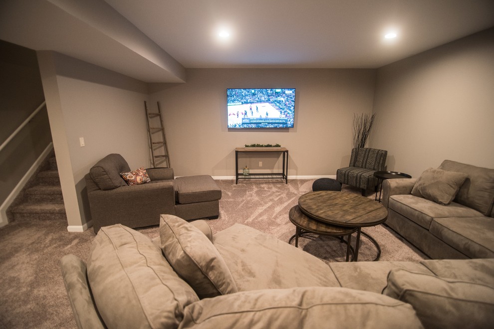 Inspiration for a traditional basement in Detroit with grey walls, carpet and beige floors.
