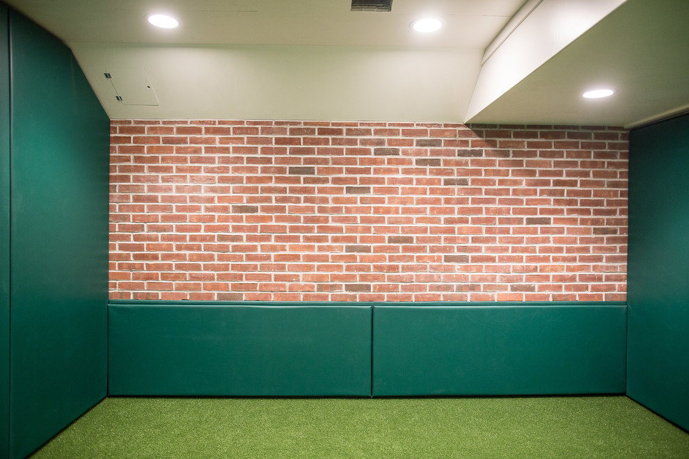 Свежая идея для дизайна: подземный, большой подвал в стиле модернизм с зелеными стенами, ковровым покрытием и зеленым полом без камина - отличное фото интерьера