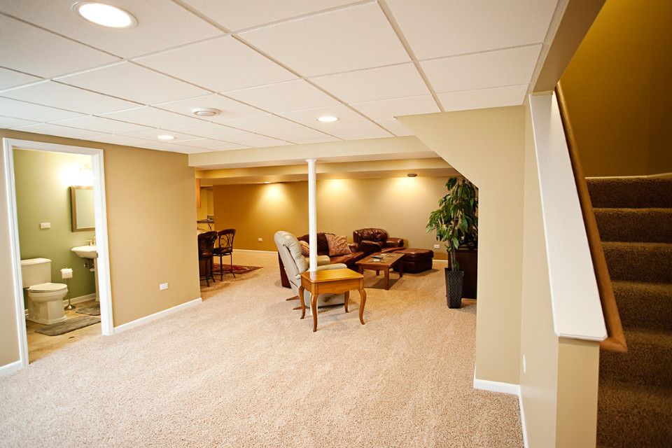 Cette image montre un grand sous-sol minimaliste enterré avec un mur beige et moquette.