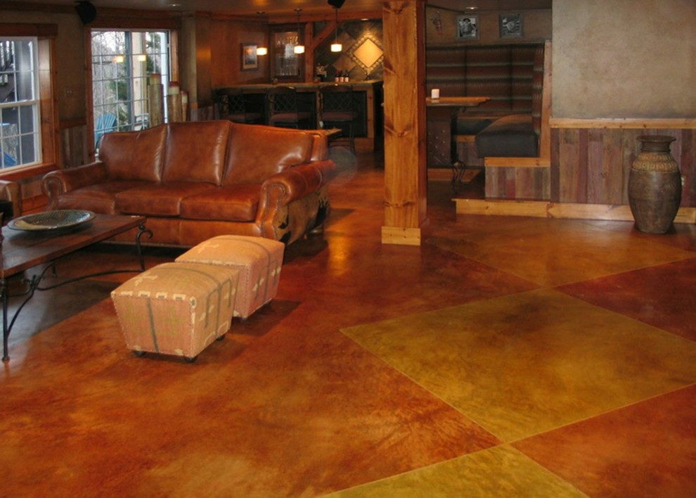 Inspiration for a large timeless walk-out concrete floor basement remodel in St Louis with multicolored walls