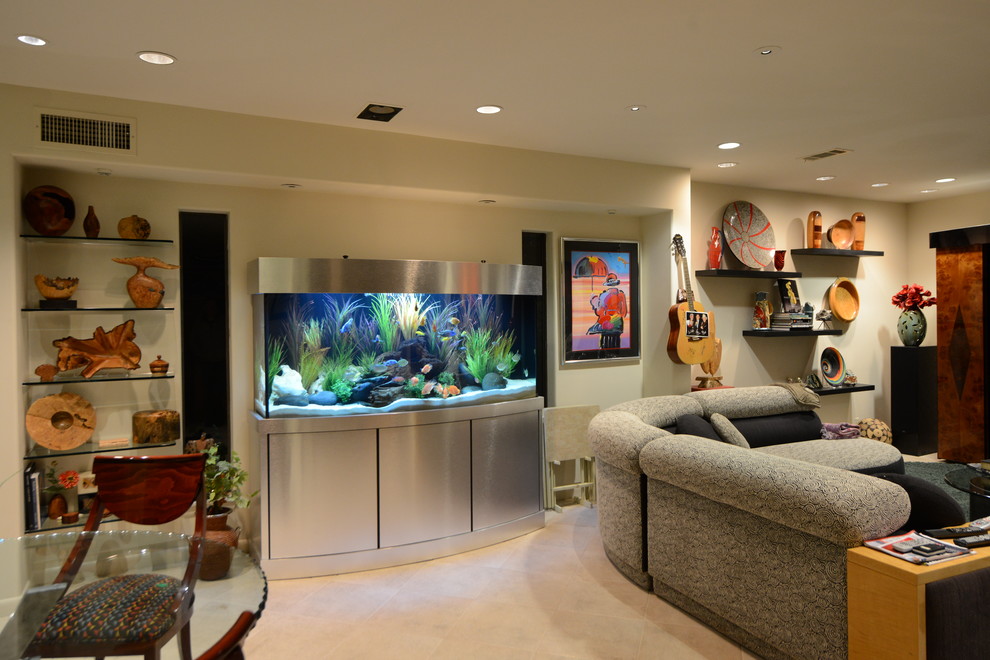Example of a large eclectic underground carpeted and beige floor basement design in Houston with beige walls