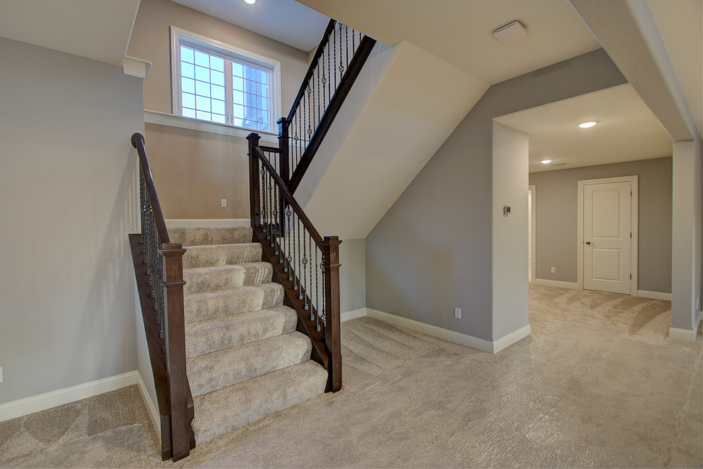 Expansive traditional look-out basement in Milwaukee with grey walls and carpet.