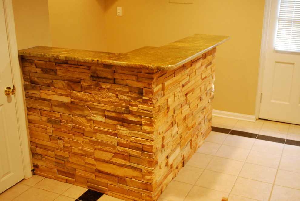 Stone Veneer Wall in Silver Spring MD, Basement Accent Wall and Bar