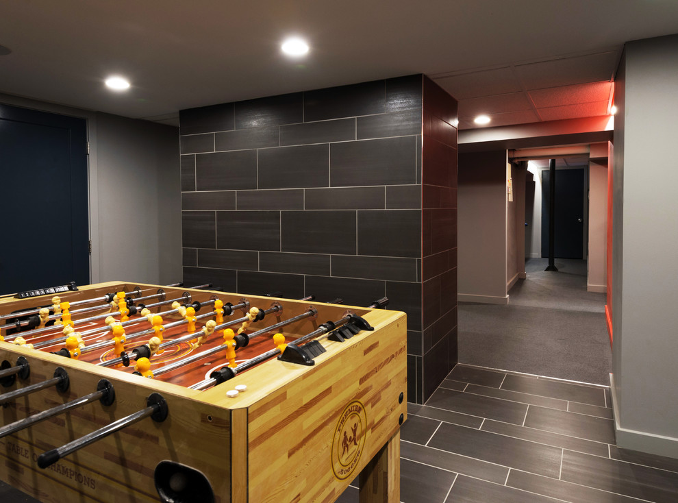 Basement - mid-sized contemporary underground porcelain tile basement idea in Philadelphia with gray walls and no fireplace