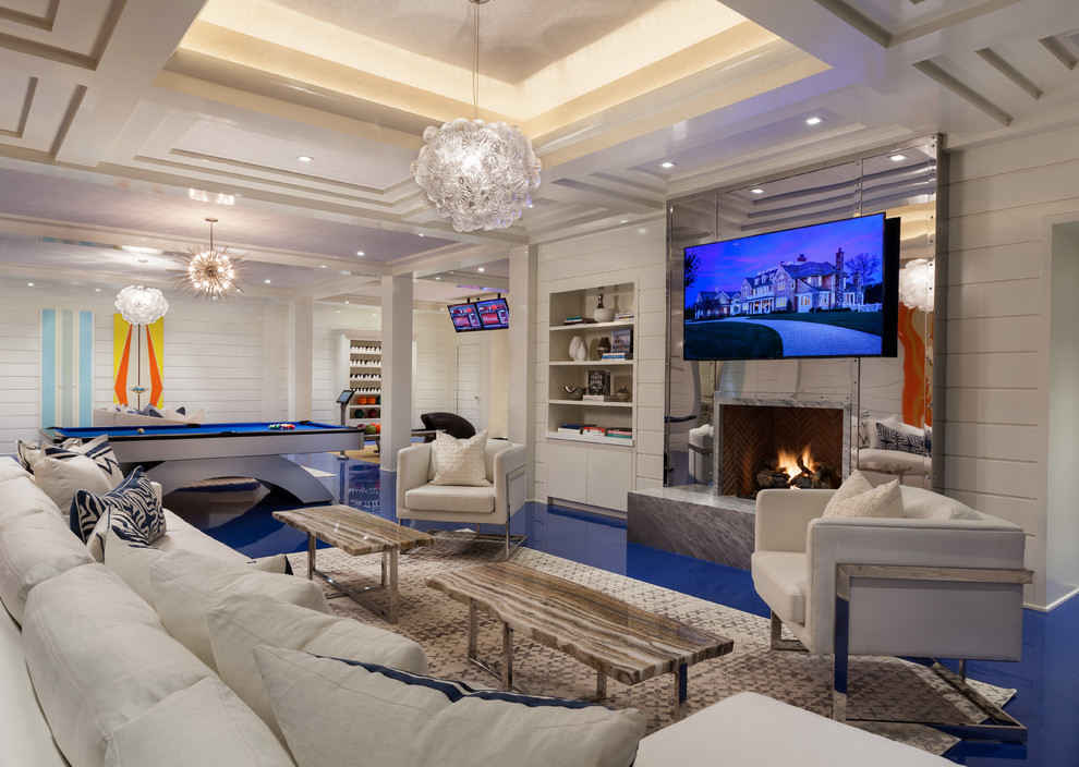 Inspiration for a contemporary blue floor family room remodel in New York with white walls, a standard fireplace and a metal fireplace