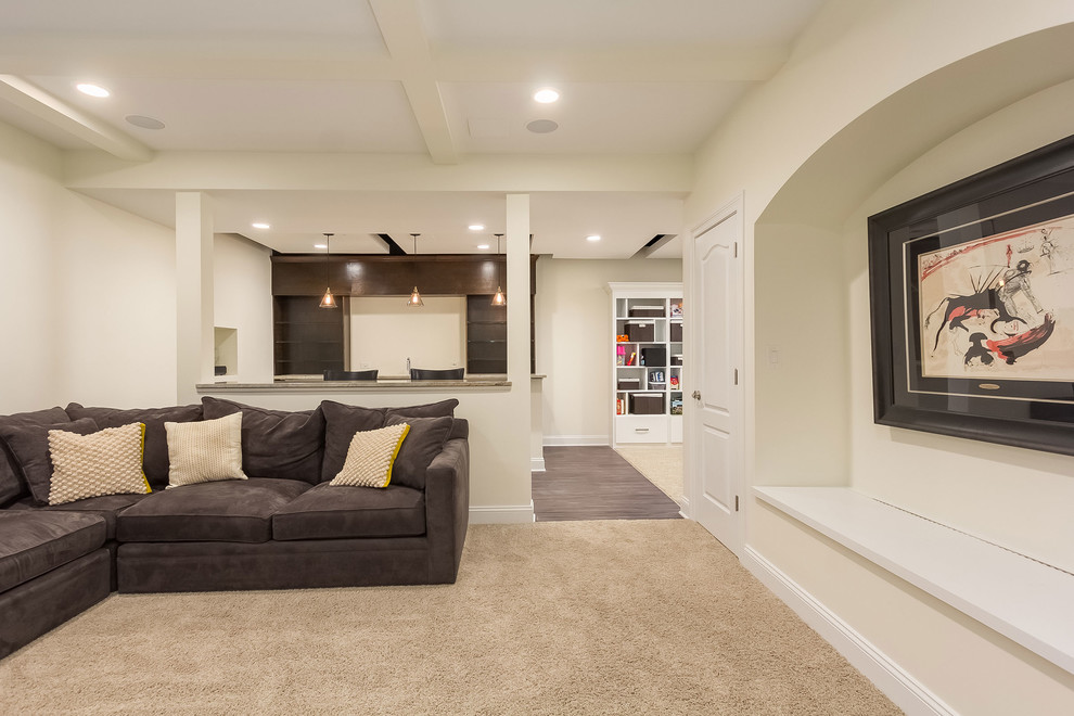 This is an example of a medium sized classic look-out basement in Chicago with white walls, carpet, no fireplace and beige floors.