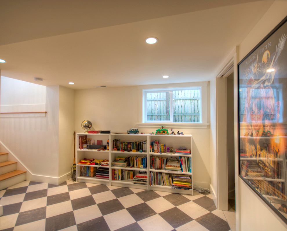 Inspiration for a large craftsman look-out ceramic tile basement remodel in Seattle with white walls