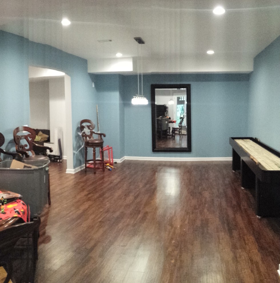 Inspiration for a large traditional walk-out basement in Atlanta with blue walls and vinyl flooring.