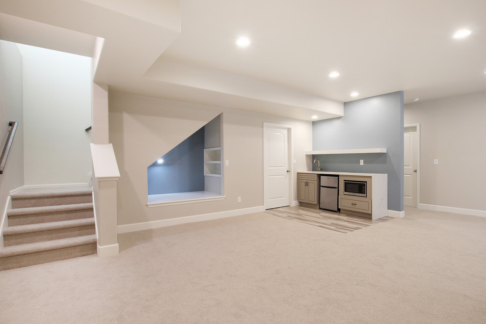 Design ideas for a large contemporary fully buried basement in Denver with white walls, carpet, no fireplace and grey floors.
