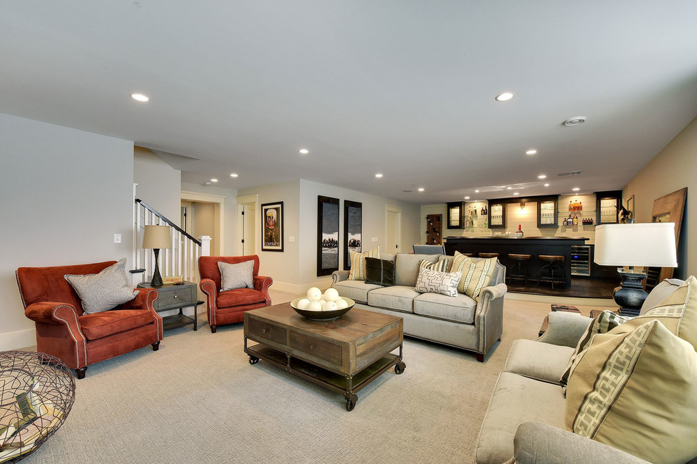 Design ideas for a large contemporary fully buried basement in Minneapolis with grey walls and carpet.