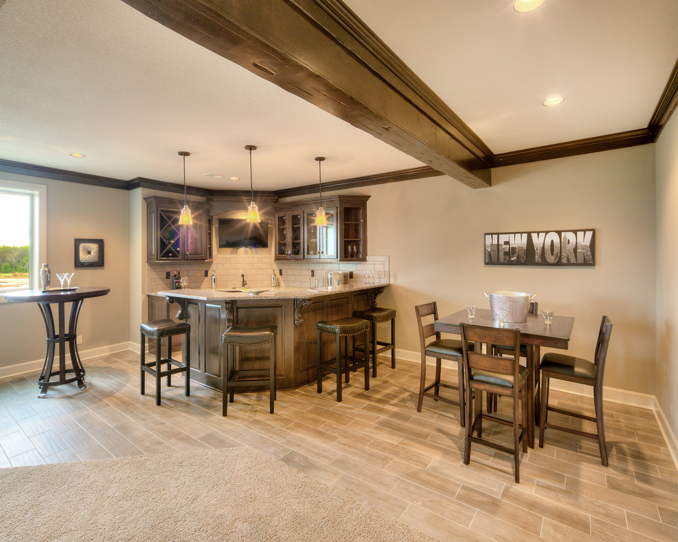 This is an example of a large rustic walk-out basement in Kansas City with grey walls, no fireplace and ceramic flooring.