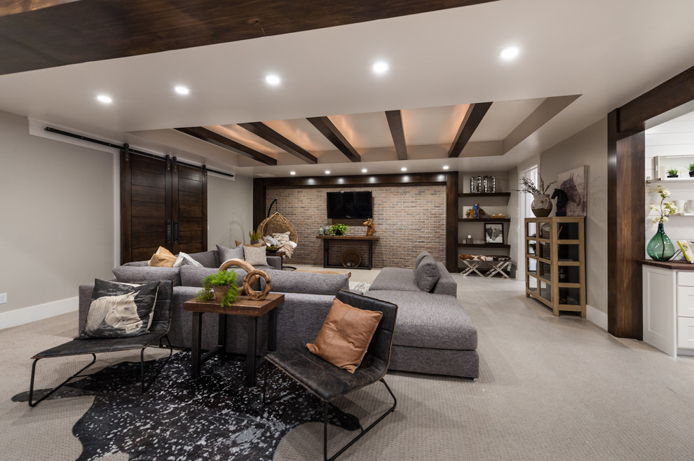 Basement - mid-sized transitional walk-out carpeted basement idea in Salt Lake City with gray walls and no fireplace