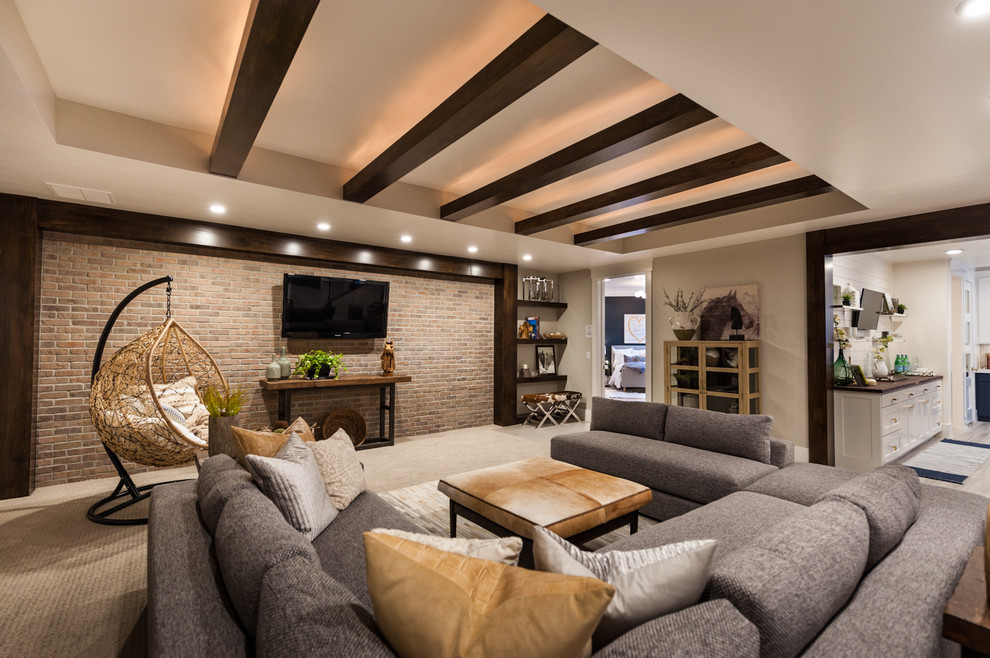 Photo of a medium sized traditional walk-out basement in Salt Lake City with carpet, no fireplace and beige walls.