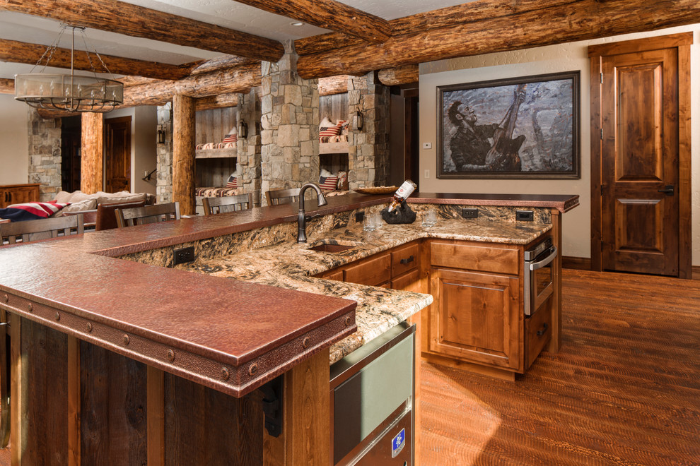 This is an example of a large rustic basement in Other with beige walls and dark hardwood flooring.