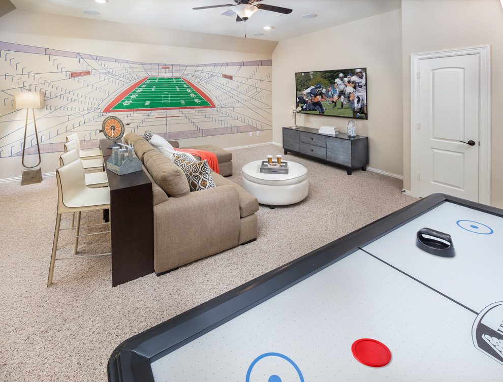 Traditional games room in Houston with beige walls, carpet, no fireplace and grey floors.