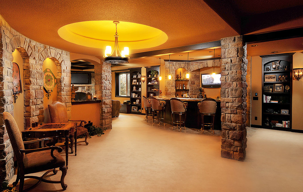 Example of a classic beige floor basement design in Denver