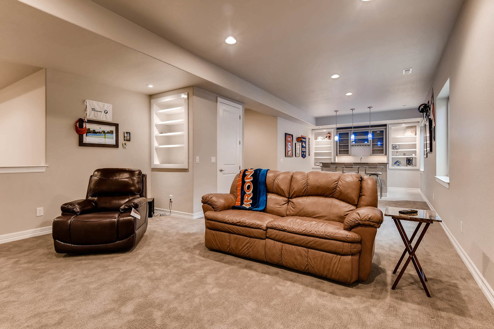 Large minimalist underground carpeted and brown floor basement photo in Denver with white walls and no fireplace