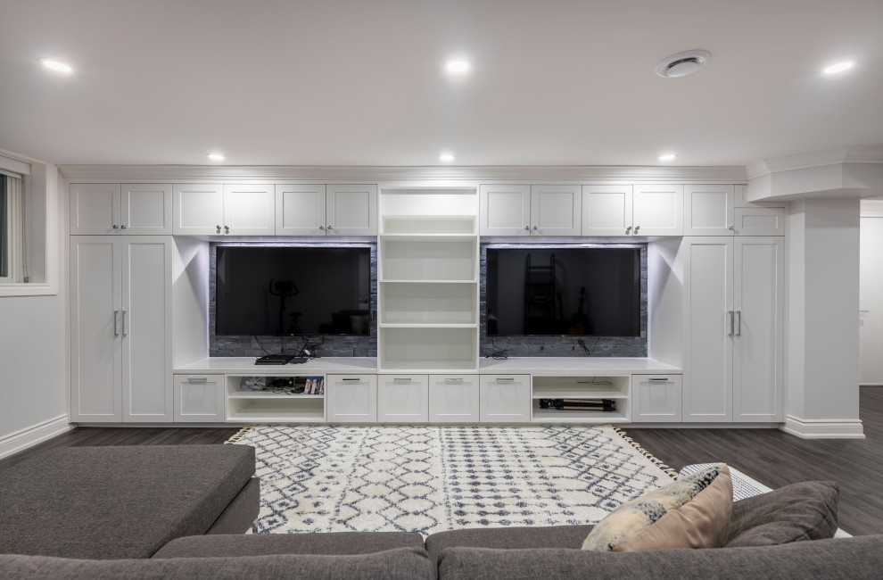 Expansive basement in Toronto with a home cinema.