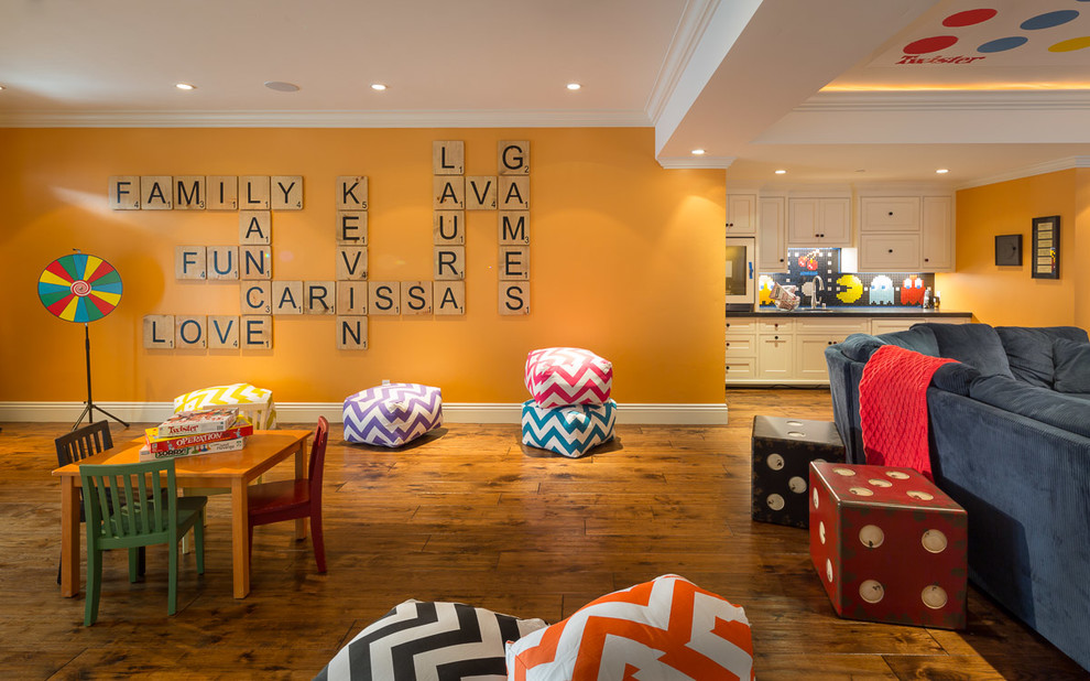 Inspiration for a transitional walk-out medium tone wood floor basement remodel in San Francisco with no fireplace and orange walls