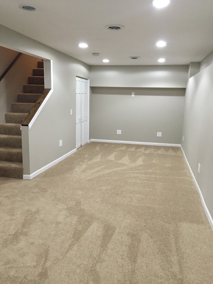 Design ideas for a small traditional basement in Chicago with grey walls and carpet.
