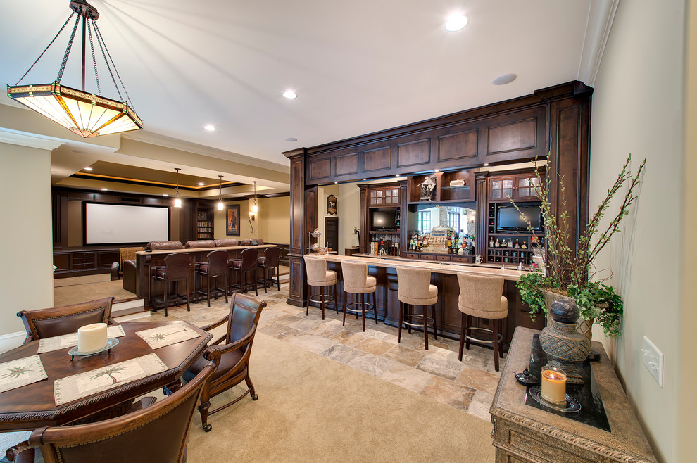 Inspiration for a classic fully buried basement in Indianapolis with beige walls, beige floors, a home bar and feature lighting.