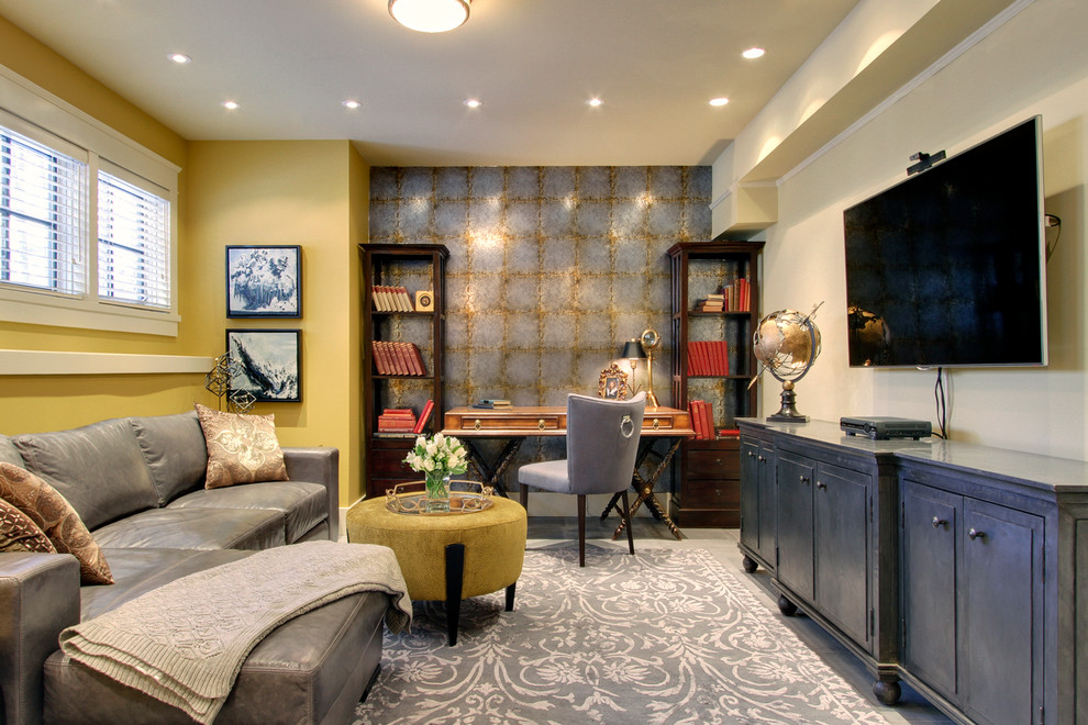 Photo of a small traditional look-out basement in Calgary with yellow walls and porcelain flooring.