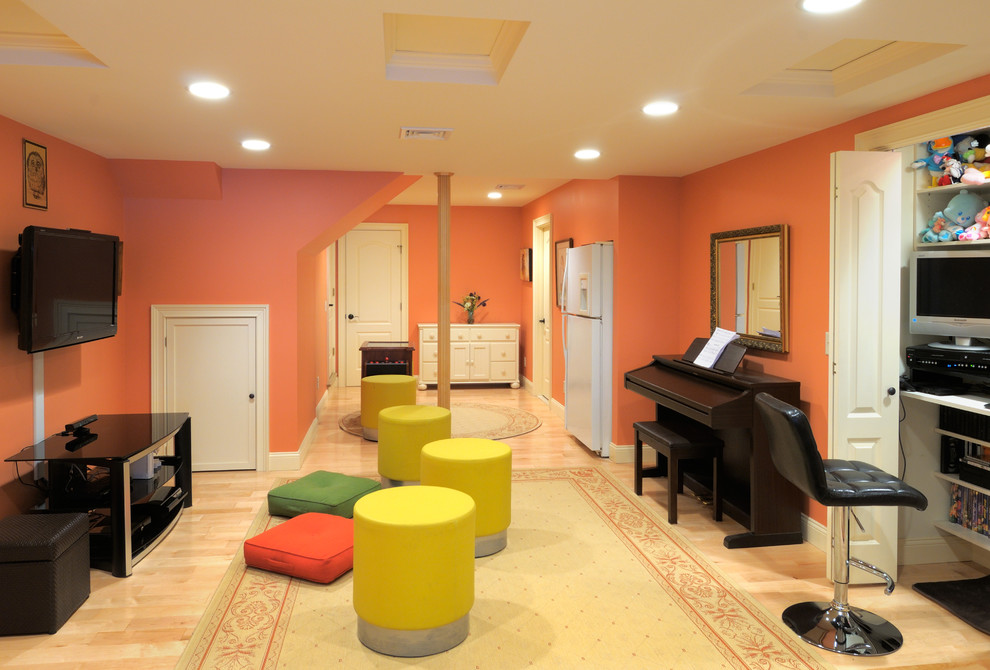 Traditional Basement Remodel, walkout with engineered hardwood flooring