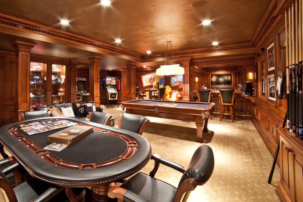Inspiration for a large traditional fully buried basement in New York with brown walls, carpet, no fireplace and a game room.