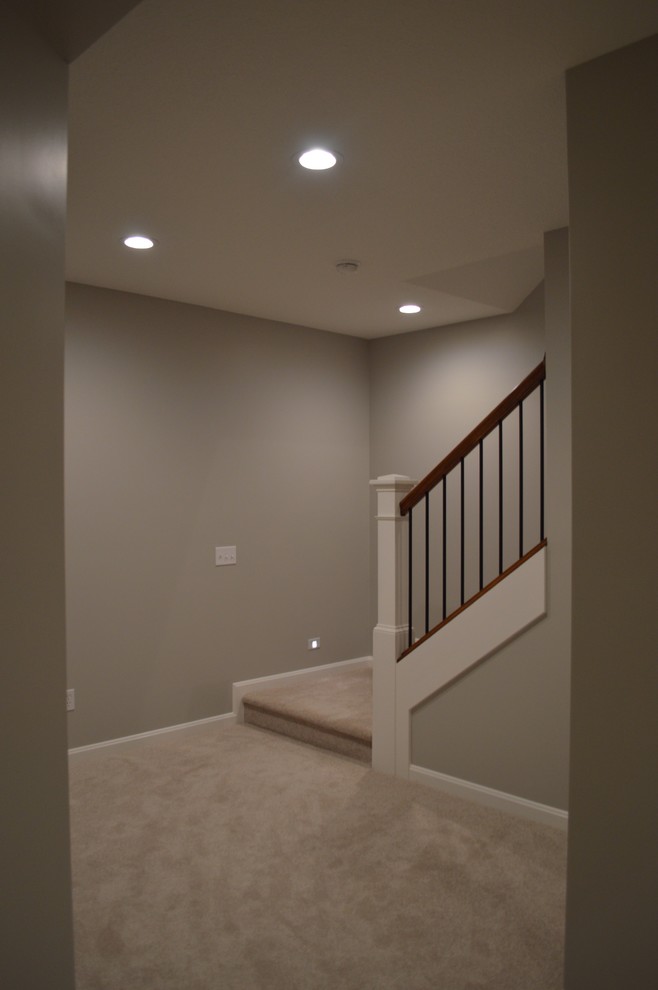 This is an example of a large traditional look-out basement in Other with grey walls, carpet and beige floors.
