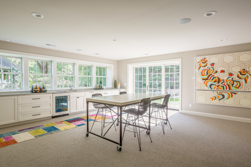 Inspiration for a timeless carpeted and gray floor family room remodel in Minneapolis with gray walls