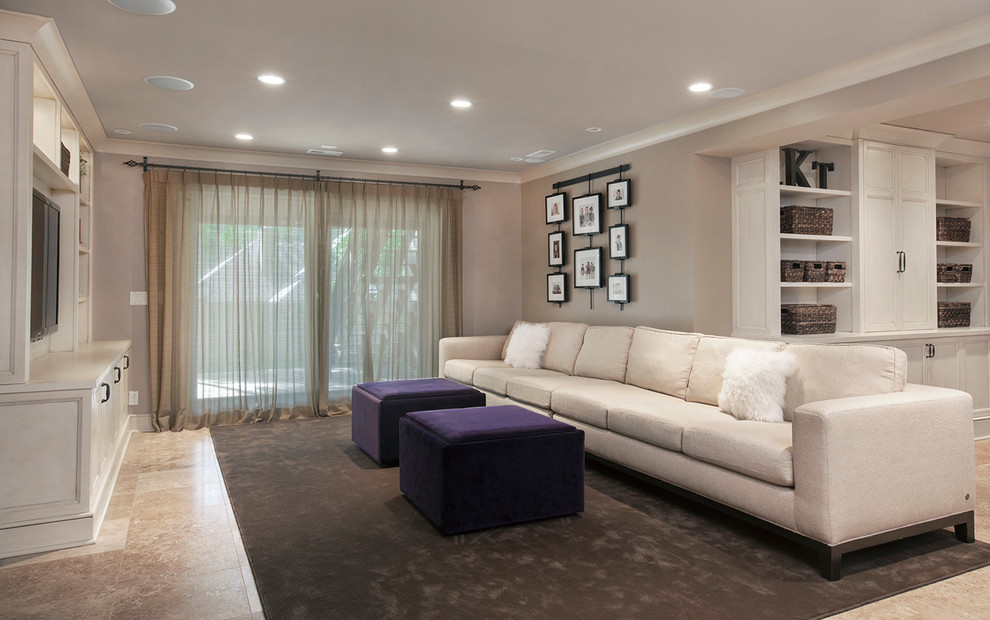Inspiration for a classic walk-out basement in Omaha with beige walls, no fireplace and ceramic flooring.