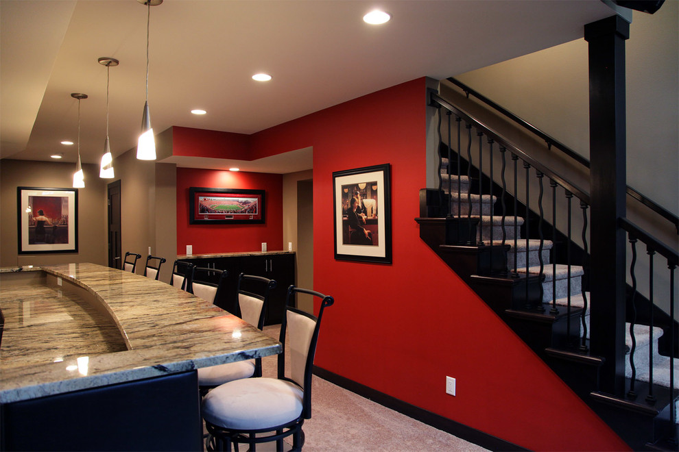 Basement - large transitional look-out carpeted and beige floor basement idea in Other with red walls