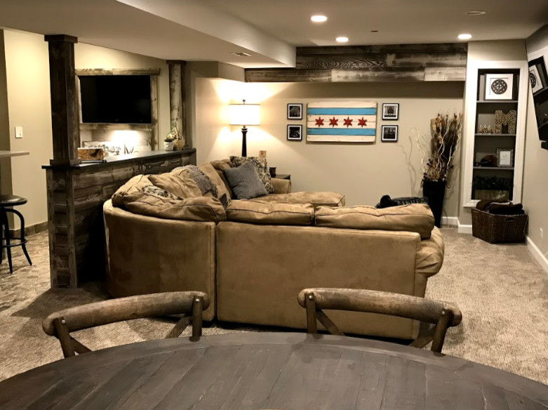Design ideas for a medium sized rustic fully buried basement in Other with beige walls, carpet, no fireplace and beige floors.