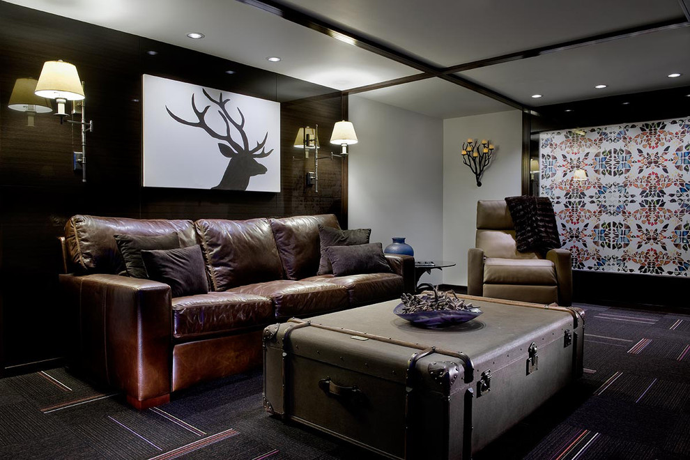 Inspiration for a contemporary underground carpeted and multicolored floor basement remodel in Other with gray walls