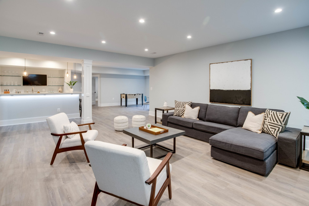 Mid-sized trendy underground light wood floor and beige floor basement photo in DC Metro with gray walls and no fireplace