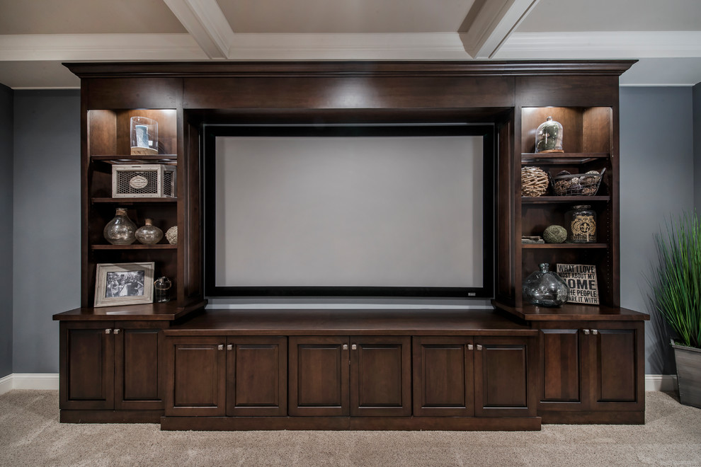 Inspiration for a transitional home theater remodel in Columbus