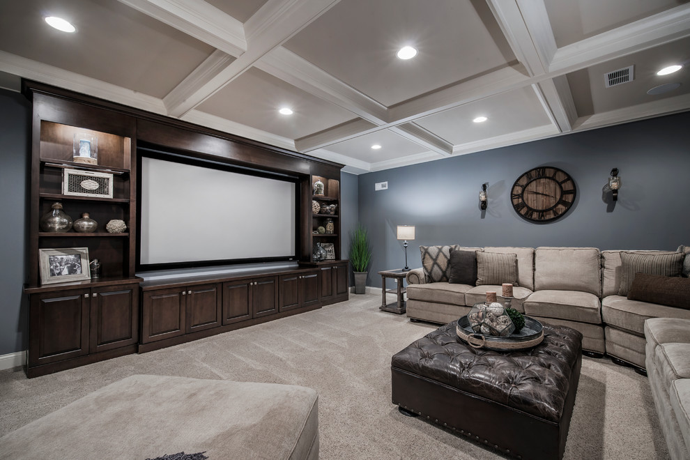 Inspiration for a transitional carpeted basement remodel in Columbus with blue walls and no fireplace