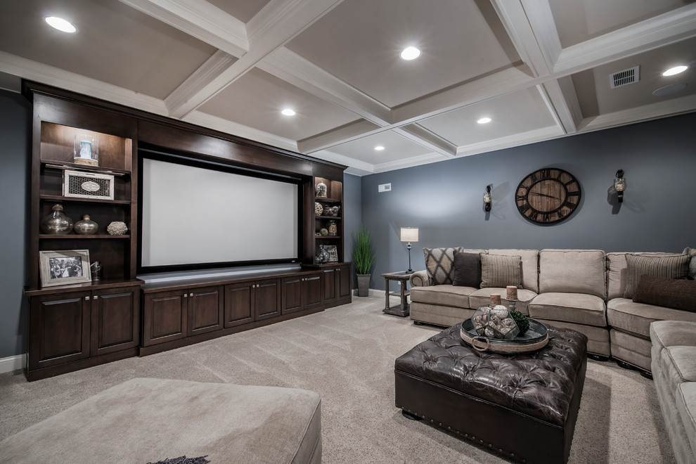 Inspiration for a transitional carpeted family room remodel in Columbus with blue walls and no fireplace