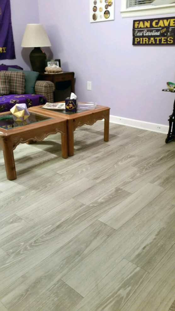 Basement - mid-sized traditional look-out vinyl floor basement idea in Raleigh with gray walls