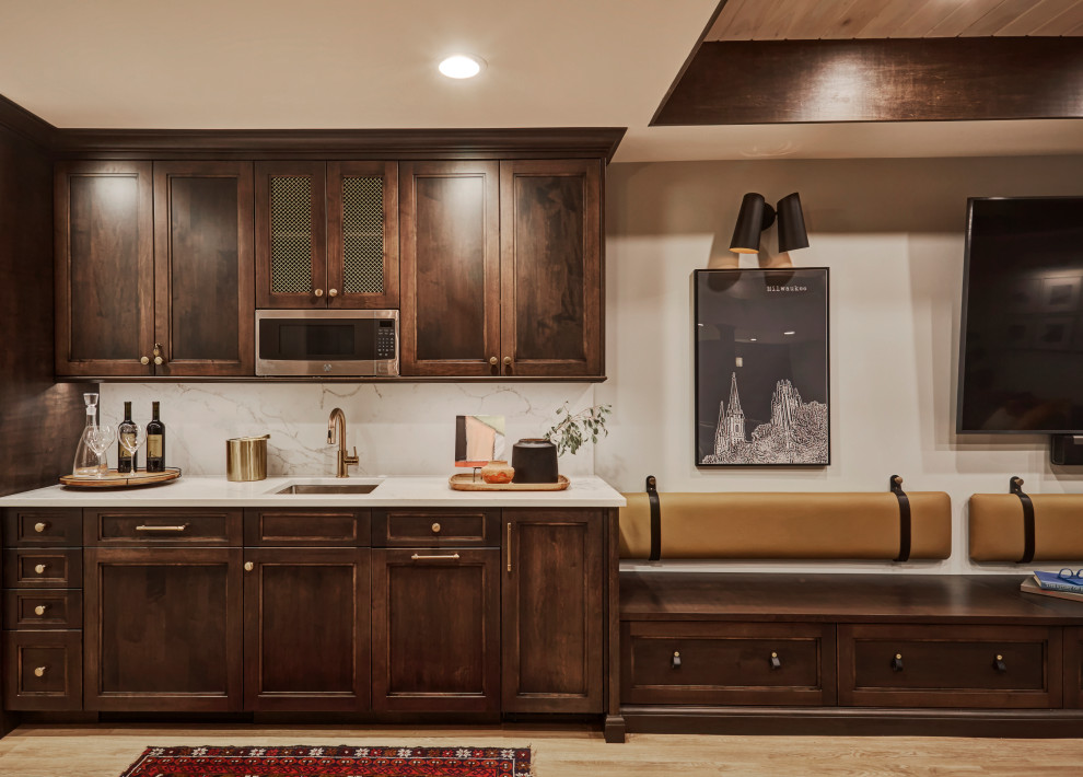 Transitional underground vinyl floor, brown floor and wood ceiling basement photo in Chicago with gray walls