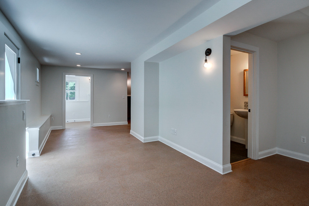 Mid-sized trendy walk-out cork floor basement photo in Boston with gray walls