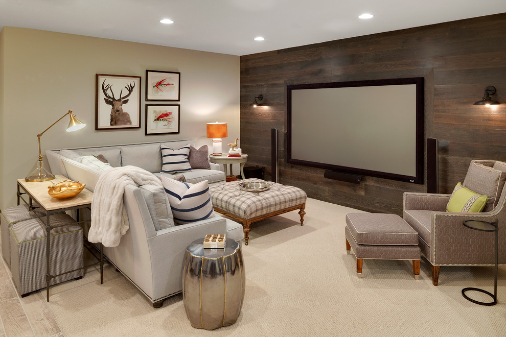 Basement - large rustic underground carpeted basement idea in Minneapolis with beige walls and a home theater