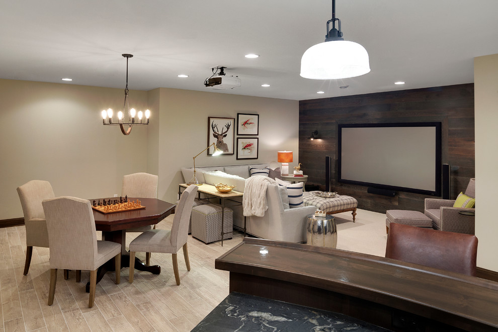 Large mountain style underground beige floor and light wood floor basement photo in Minneapolis with beige walls