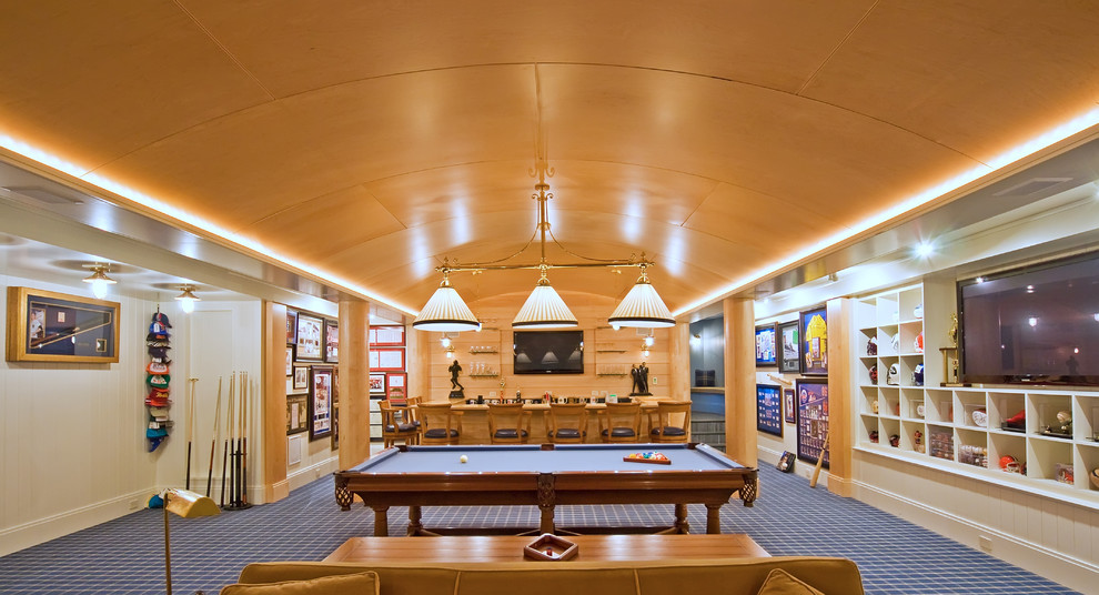 Inspiration for a large timeless underground carpeted basement game room remodel in Boston with white walls and no fireplace
