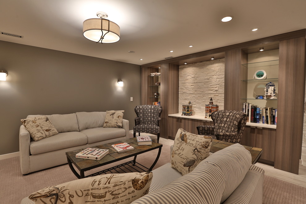 Example of a large trendy underground carpeted basement design in Philadelphia with beige walls
